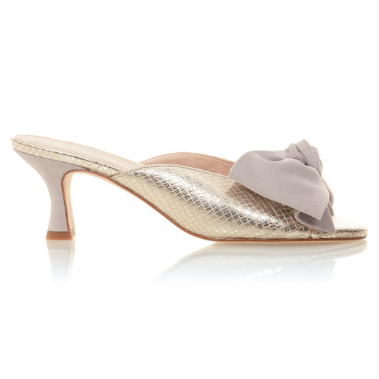 Bow Peep Toe Kitten Heel - Gold Python/Grey