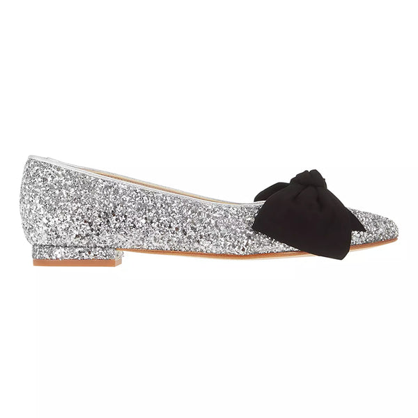 Flat Bow Shoe - Silver Glitter Black