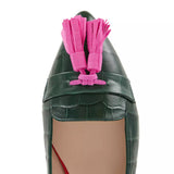 Flat Tassel Shoe - Green Croc Embossed & Neon Pink Tassel