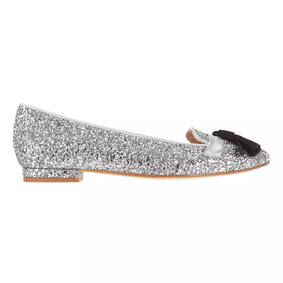 Flat Tassel Shoe - Silver Glitter Black Tassel – Nicki Hoyne