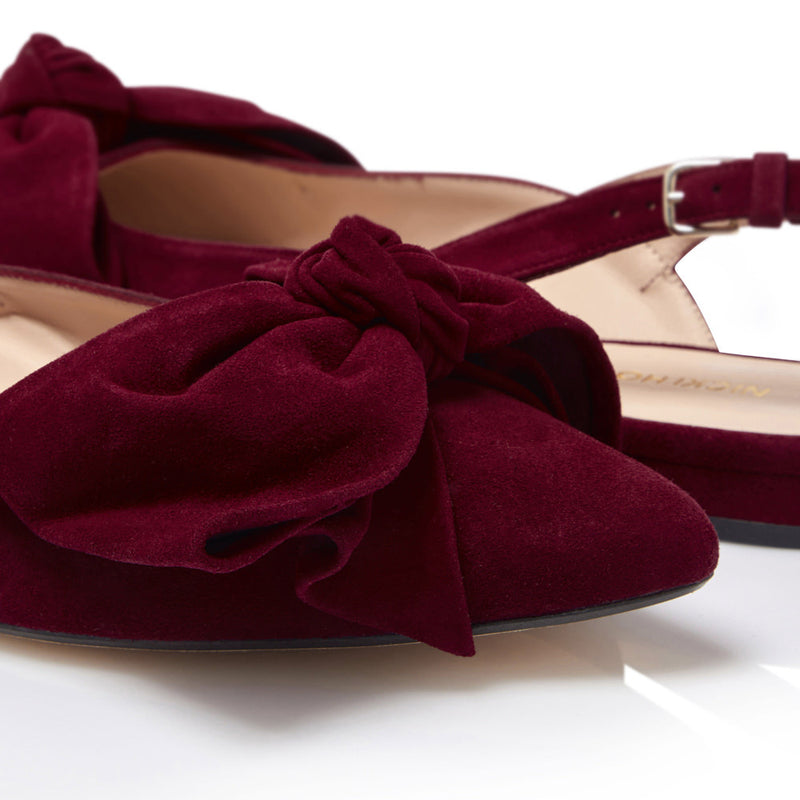 Bow Flat Slingback Shoe - Burgundy Suede