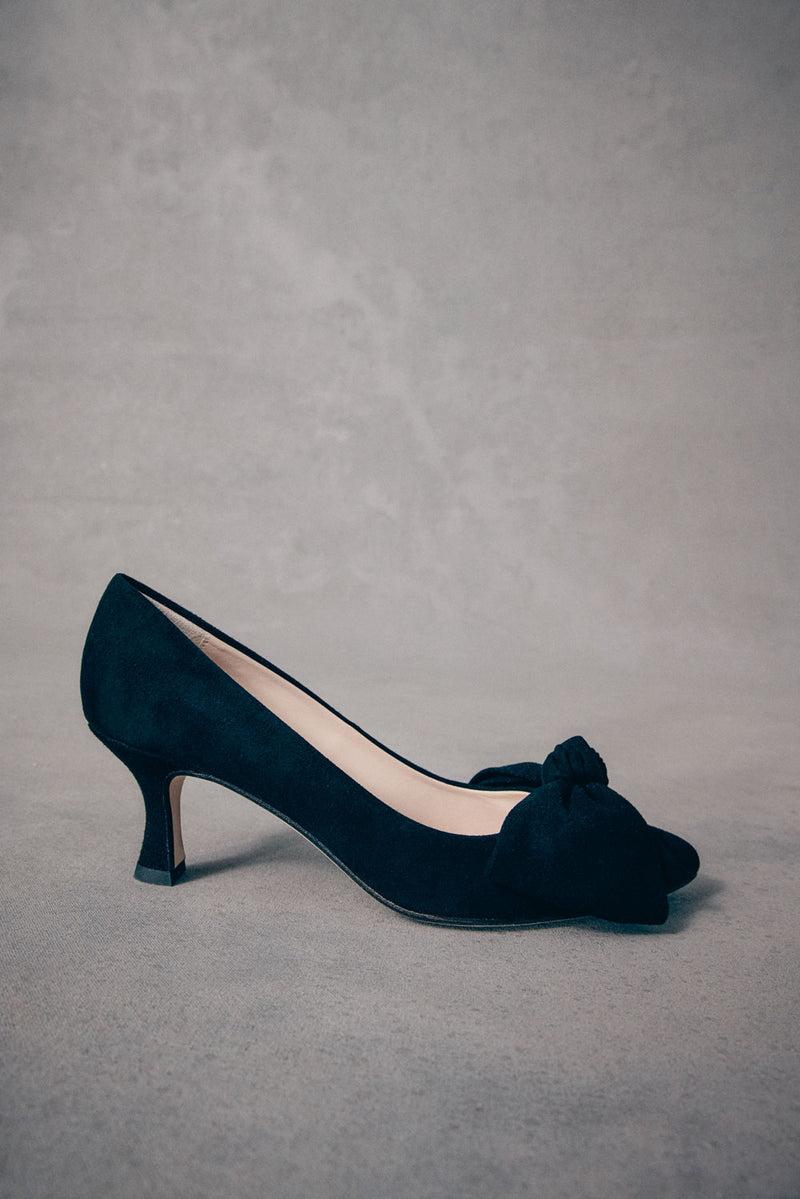 Bow Kitten Heel - Black Suede