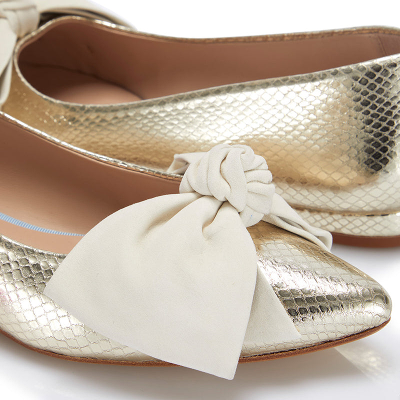 Bow Flat - Gold Python/Ivory Suede