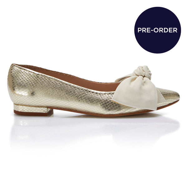 Bow Flat - Gold Python/Ivory Suede