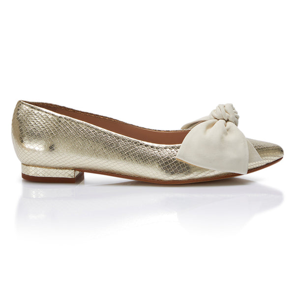 Bow Flat - Gold Python/Ivory Suede