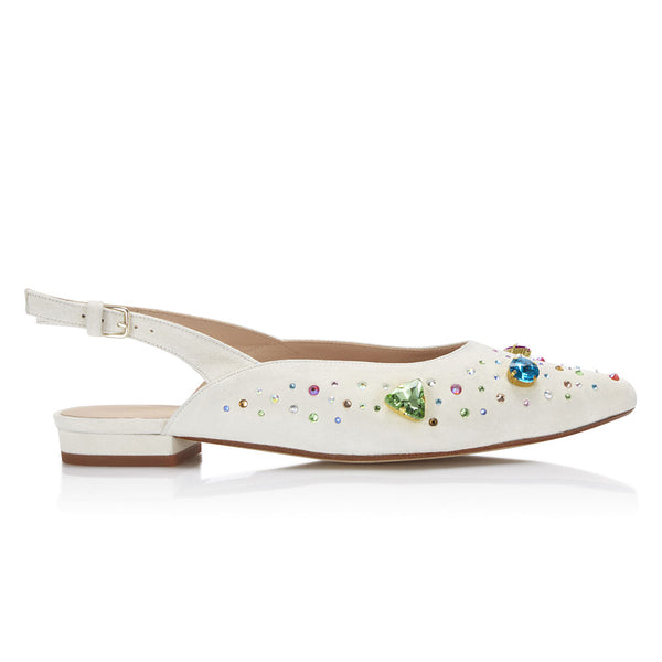 The Moment Flat Slingback - Ivory Suede/Clear Crystals