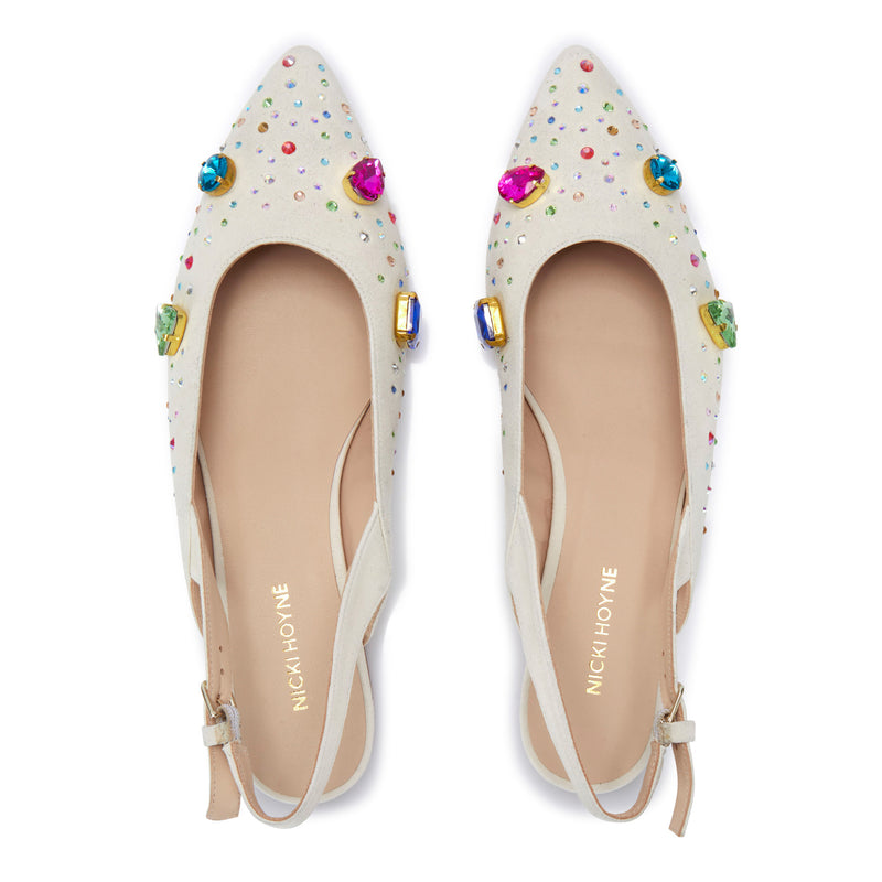 The Moment Flat Slingback - Ivory Suede/Multicolour Crystals