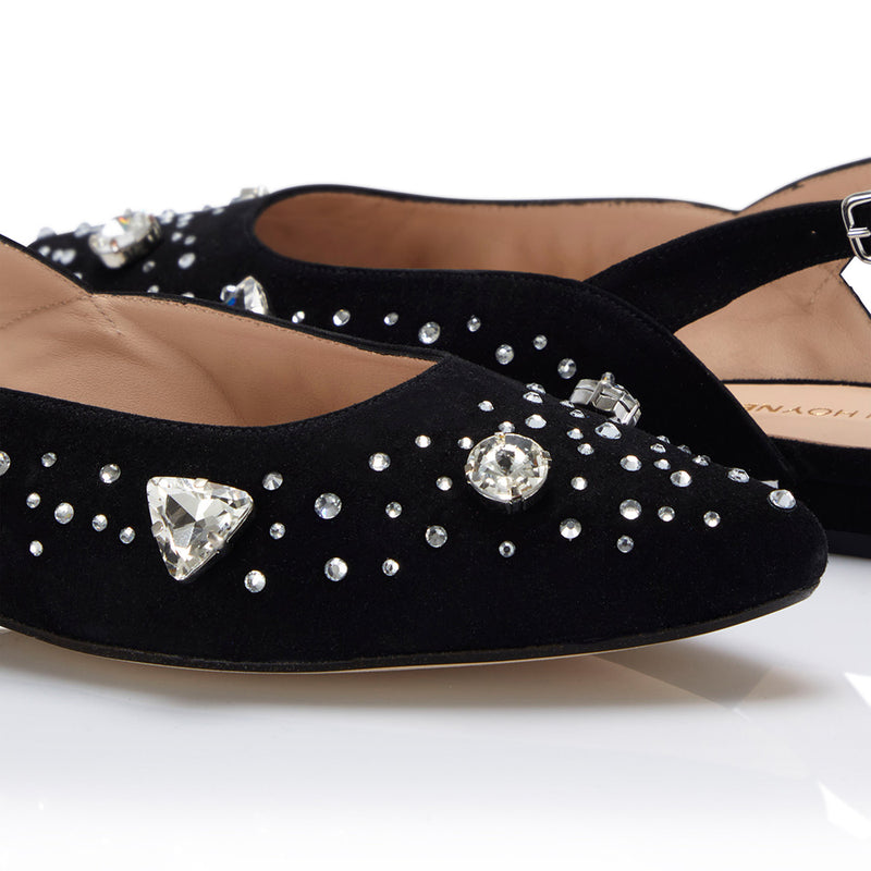 The Moment Flat Slingback - Black Suede/Clear Crystals