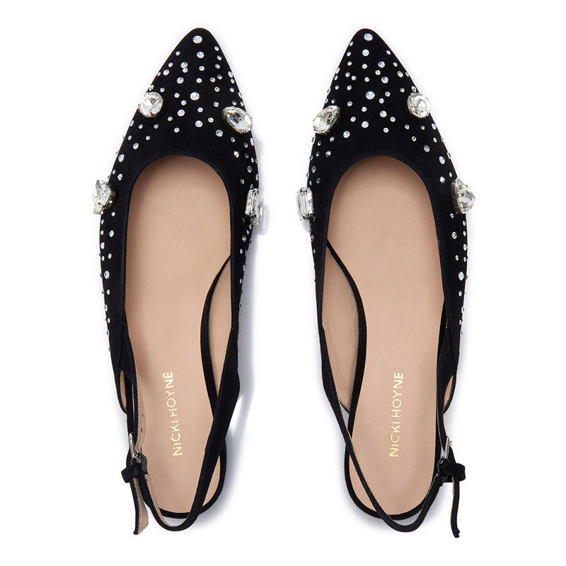 The Moment Flat Slingback - Black Suede/Clear Crystals