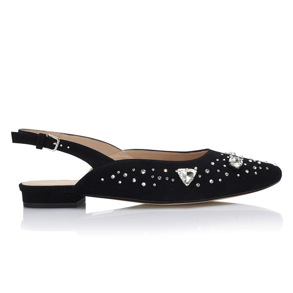 The Moment Flat Slingback - Black Suede/Clear Crystals