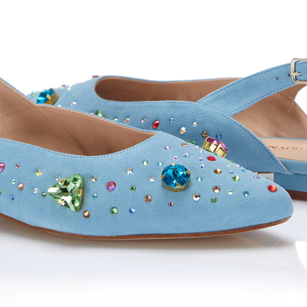 The Moment Flat Slingback - Blue Suede/Clear Crystals