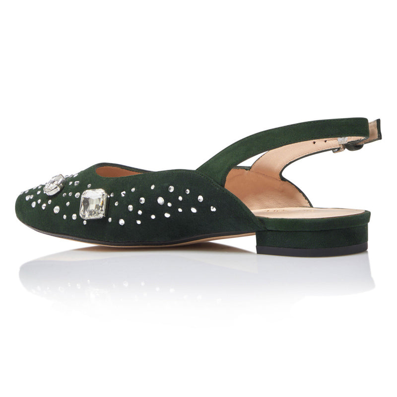 The Moment Flat Slingback - Forest Suede/Clear Crystals