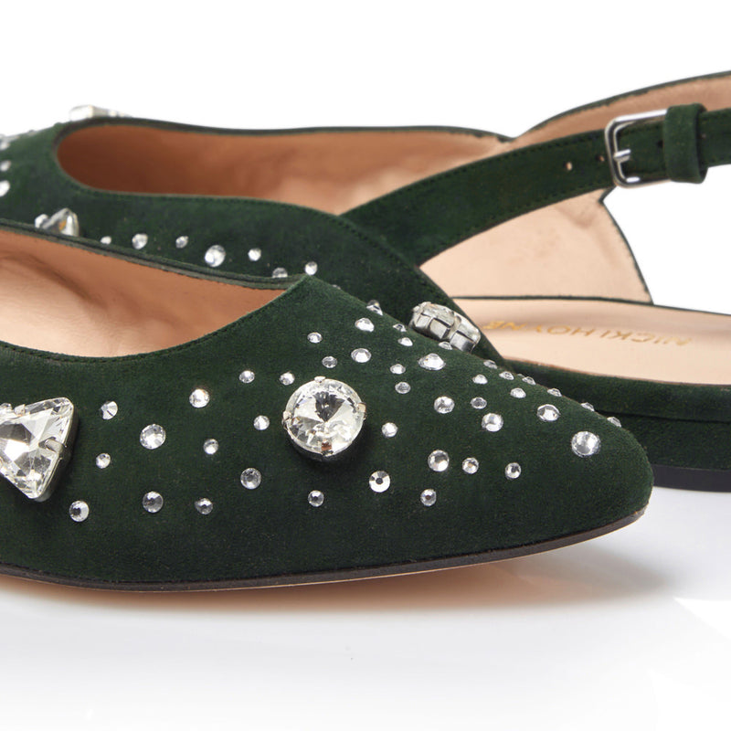 The Moment Flat Slingback - Forest Suede/Clear Crystals