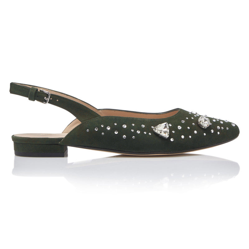 The Moment Flat Slingback - Forest Suede/Clear Crystals