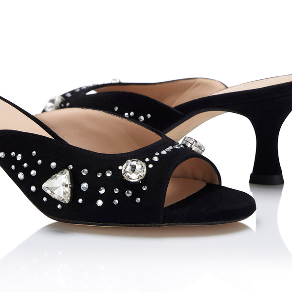 The Moment Peep Toe Kitten Heel - Black Suede/Clear Crystals