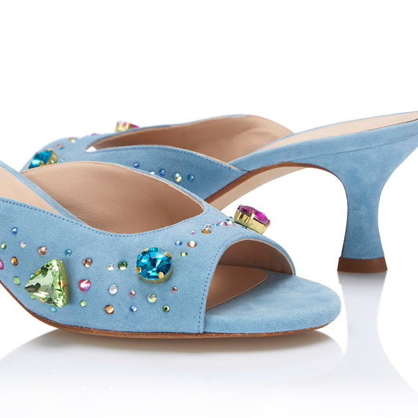 The Moment Peep Toe Kitten Heel - Blue Suede/Multicolour Crystals