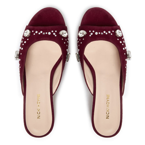 The Moment Peep Toe Kitten Heel - Burgundy Suede/Clear Crystals