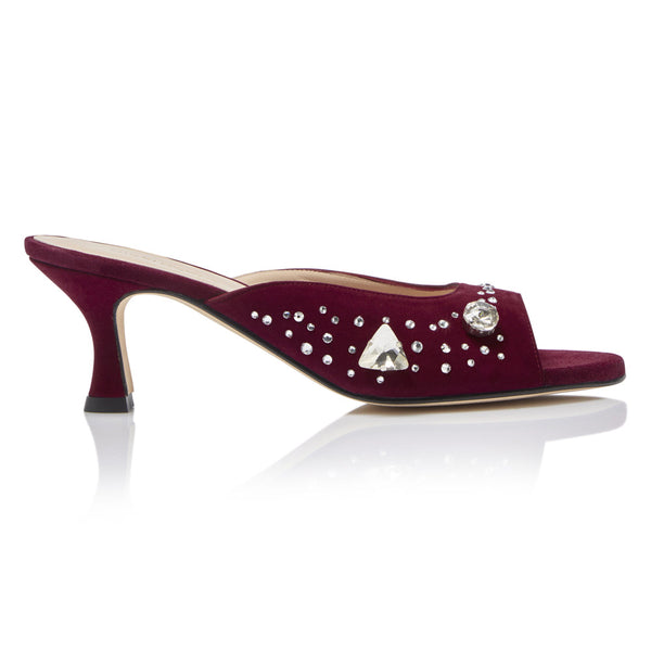 The Moment Peep Toe Kitten Heel - Burgundy Suede/Clear Crystals