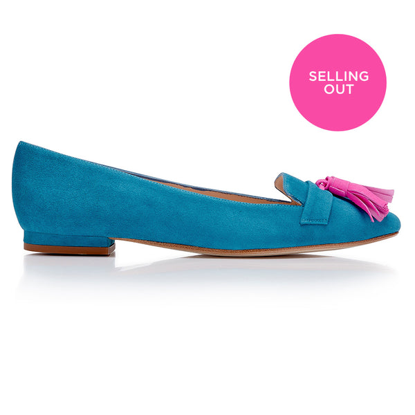 Flat Point Toe Tassel Shoe - Teal Suede Neon Pink Tassel
