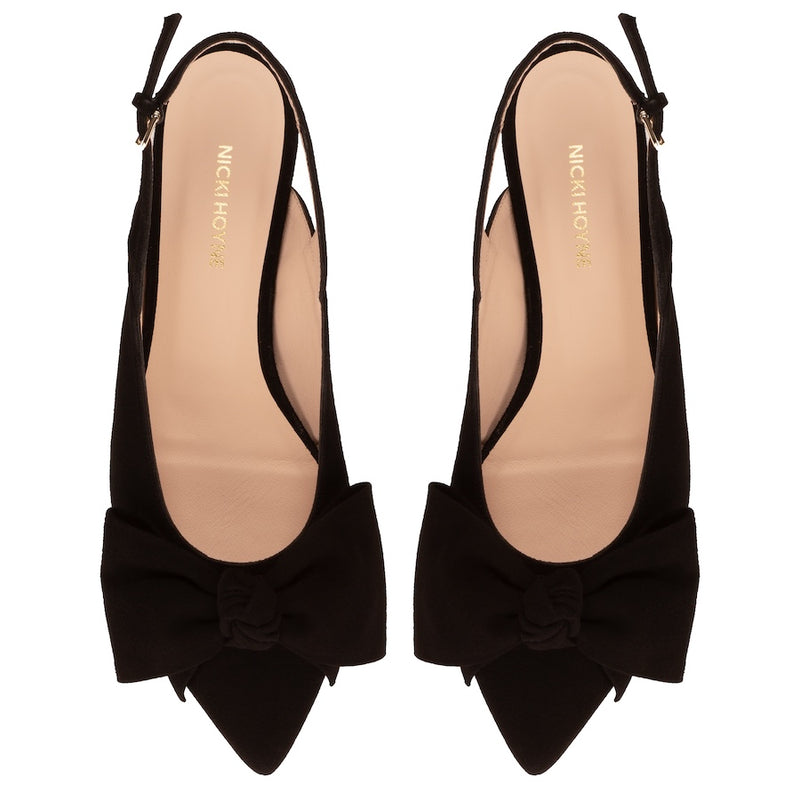 Flat Slingback Bow Shoe - Suede Black