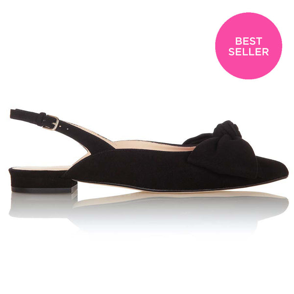 Bow Flat Slingback Shoe - Suede Black