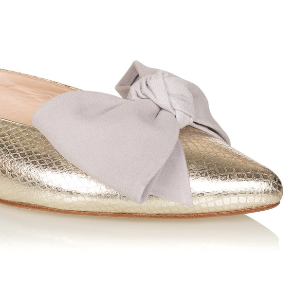 Flat Slingback Bow Shoe - Gold/Grey