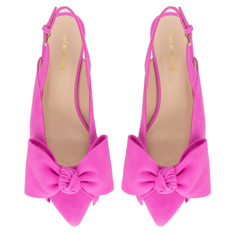 Flat Slingback Bow Shoe - Suede Pink