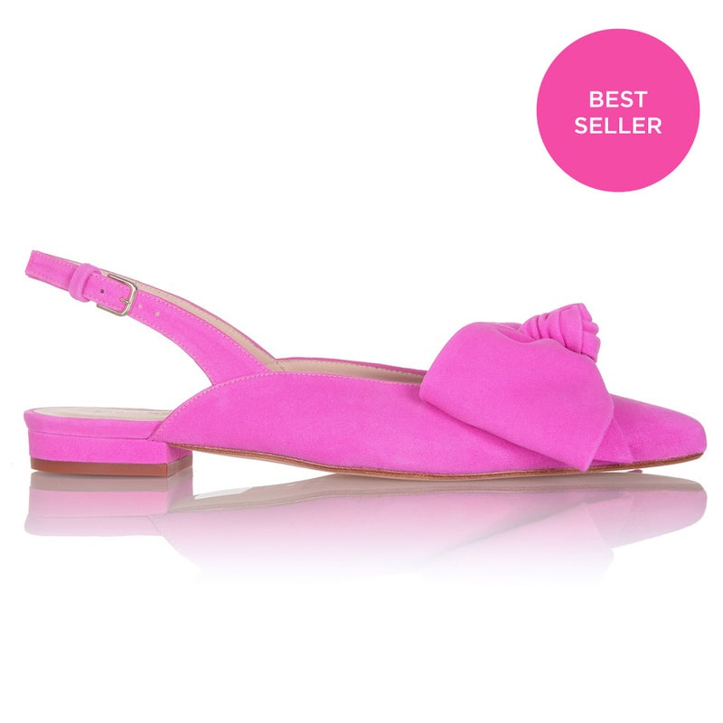 Bow Flat Slingback Shoe - Suede Pink