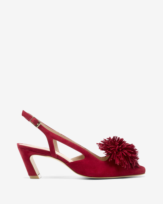 Pom Pom Slingback Kitten - Red Suede