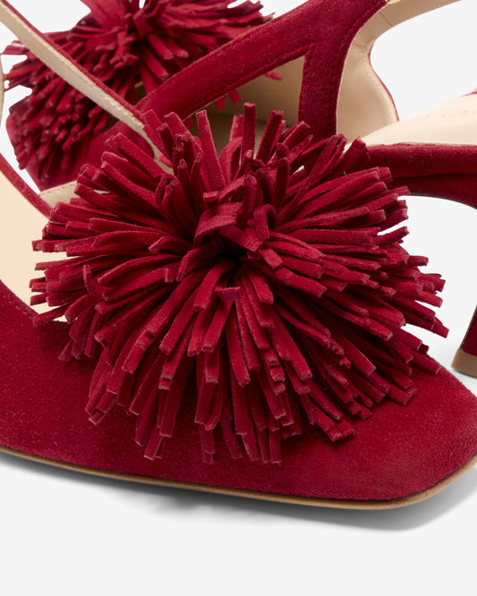 Pom Pom Slingback Kitten - Red Suede
