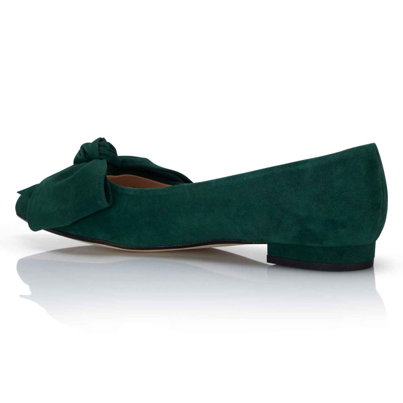 Bow Flat Shoe - Forest Green Suede