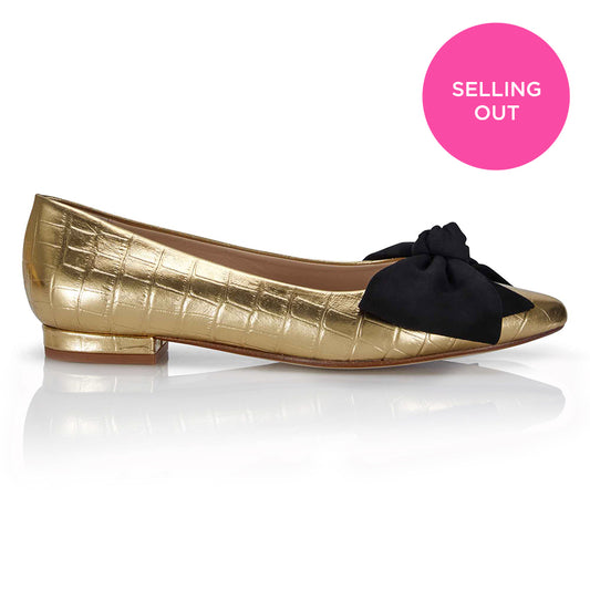 Bow Flat Shoe - Gold Croc/Black