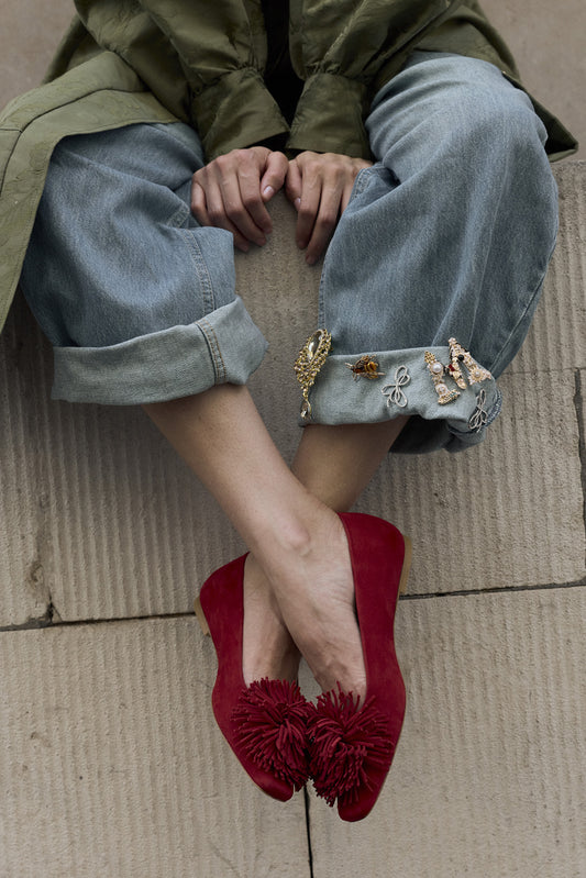 Pom Pom Flat - Red Suede