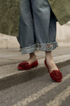 Pom Pom Flat - Red Suede