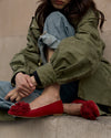 Pom Pom Flat - Red Suede