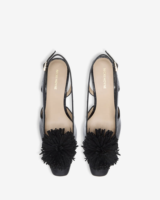 Pom Pom Slingback Kitten - Black Croc