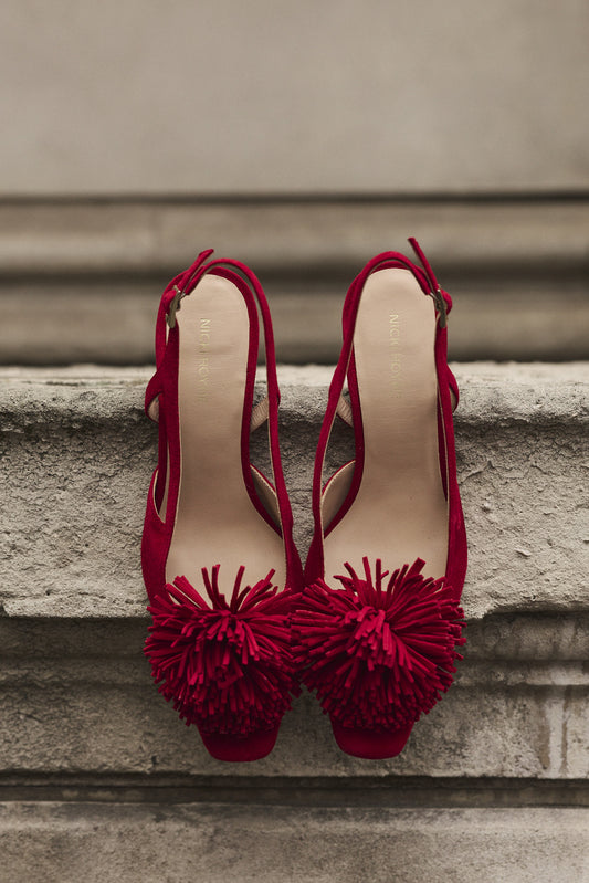 Pom Pom Slingback Kitten - Red Suede