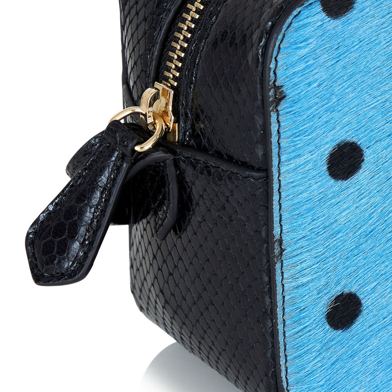 Camera Bag - Black Python & Blue Polka Dot
