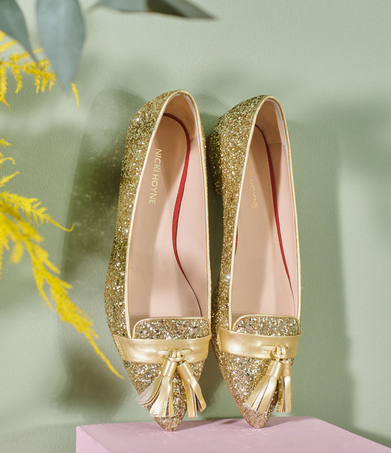 Flat Point Toe Tassel Shoe - Gold Glitter