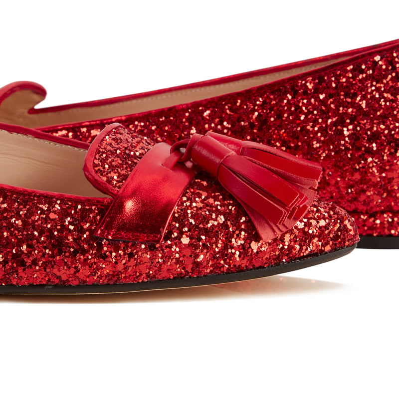 Flat Point Toe Tassel Shoe - Red Glitter