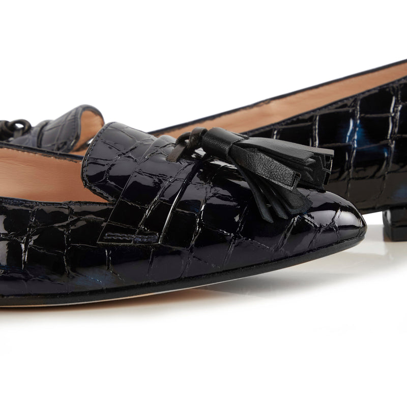 Flat Point Toe Tassel Shoe - Patent Croc Black & Blue
